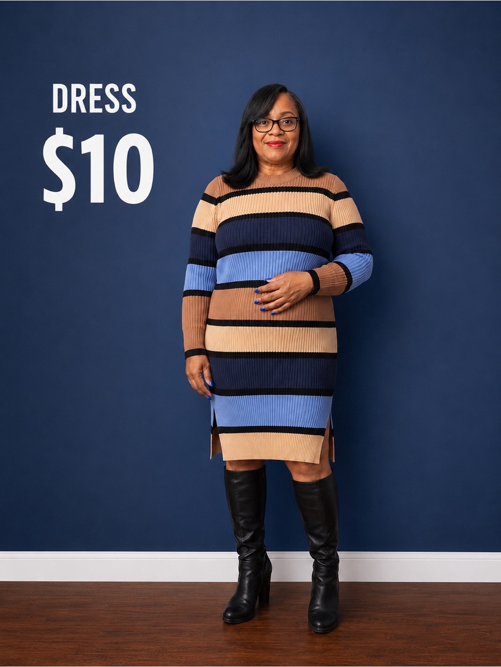 Striped Knit Sweater Dress - Blue & Tan